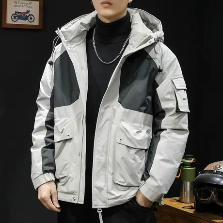 90灰鸭绒羽绒服男冬季连帽2023新款潮牌大码男士工装外套多口袋商品大图
