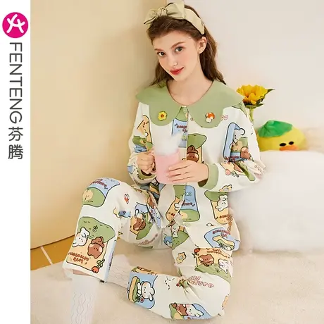芬腾布朗熊睡衣女春秋纯棉长袖宽松卡通韩式可外穿全棉家居服套装图片