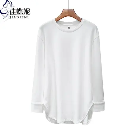 秋冬新款圆领下摆圆弧纯欲纯棉中长款宽松大码长袖体恤上衣女打底商品大图