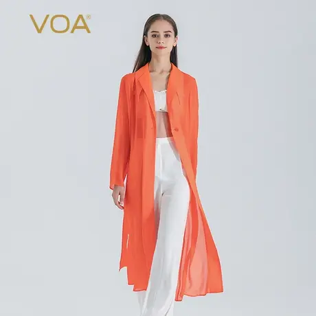 VOA西柚橙乔其桑蚕丝个性翻领一粒扣绑带直筒宽松纯真丝开衫外套商品大图