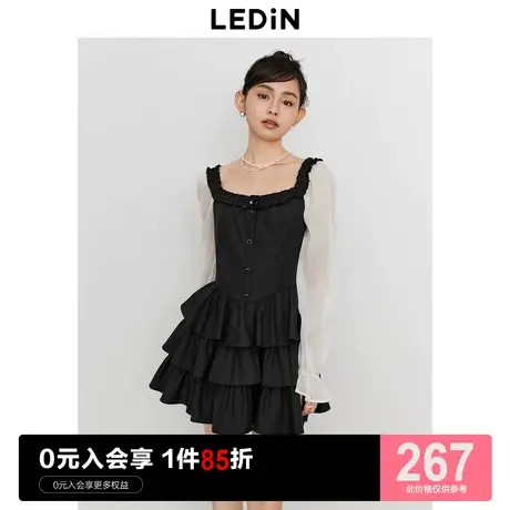 乐町气质U领浪漫连衣裙2023年秋季新款黑白拼接连衣裙三层蛋糕裙商品大图