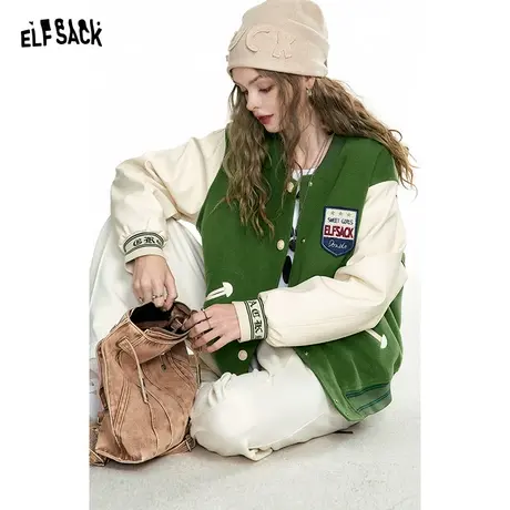 妖精的口袋美式复古棒球服外套女2024早春新款拼接仿毛呢皮衣外套图片