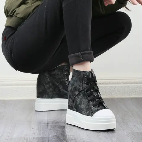 深色牛仔布12cm内增高帆布鞋女高帮单鞋厚底圆头显脚小高跟休闲鞋商品大图