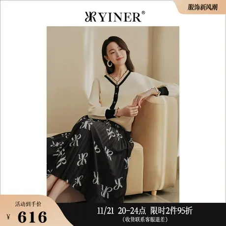 YINER音儿线上专选女装秋季木耳边拼接V领纽扣装饰撞色针织衫套头商品大图