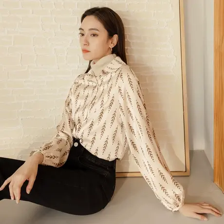 桔熊秋冬季气质高级感不易皱印花微光泽衬衫上衣女装大码AB19067图片