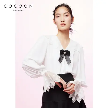 可可尼COCOON商场同款2024夏季新款浪漫V字领口蝴蝶结气质衬衫女商品大图