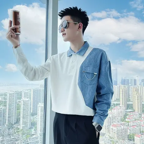 2024秋季拼色拼接发型师原宿青少年学生长袖衬衣男士潮牌ins衬衫商品大图