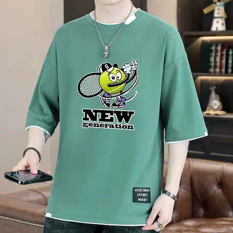 假两件短袖t恤男夏季潮牌潮流新款冰丝半袖男体恤宽松中袖上衣服图片