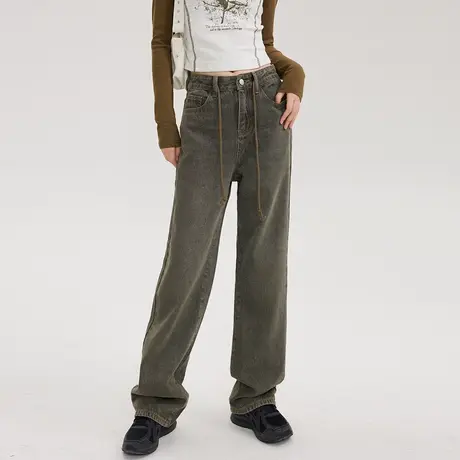 抽绳设计感高街裤子秋季新款港风宽松高腰阔腿复古牛仔裤女美式商品大图