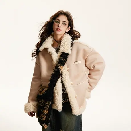 潮牌加厚冬季外套2023新款拼接毛毛棉服女设计感复古宽松小众棉衣商品大图