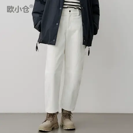 欧小仓秋冬灯芯绒九分裤 帅气白色镰刀裤 梨型友好复古条绒香蕉裤商品大图