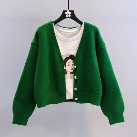 绿色V领毛衣外套女2023年早秋新款宽松学院风短款小个子针织开衫图片