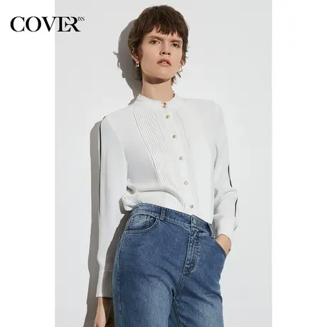 COVER春季立领风琴褶正肩白衬衫图片