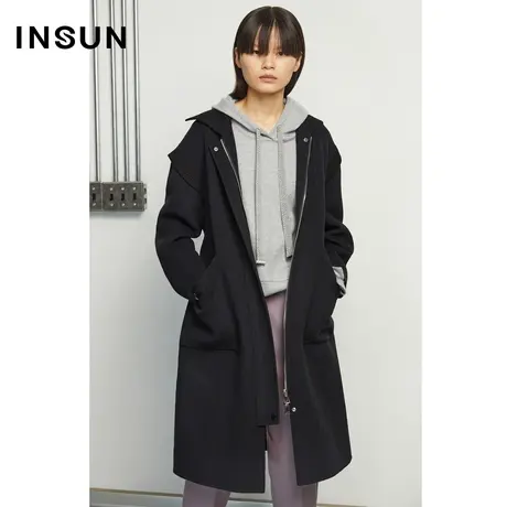 INSUN恩裳冬季袖口拼接针织毛呢大衣外套图片