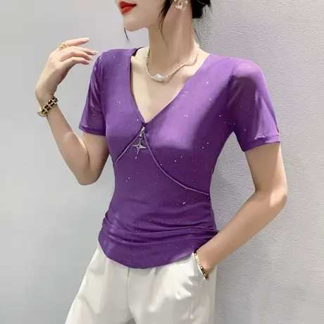 性感V领网纱T恤女短袖2024夏季新款洋气百搭小衫设计感别致上衣潮商品大图