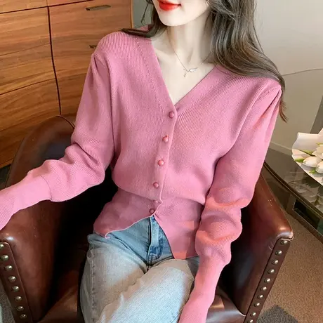 欧货性感V领针织开衫女秋冬设计感下摆开叉毛衣显瘦百搭长袖外套商品大图