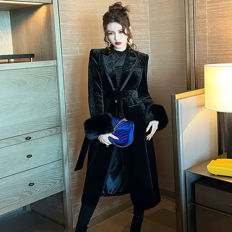 英伦风炸街西装领丝绒风衣外套女冬季新款气质小众系带棉服厚大衣商品大图