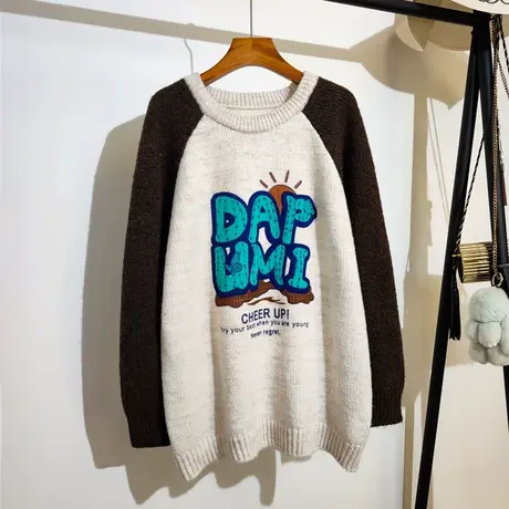 中长款毛衣女套头2023秋冬新款美式撞色宽松内搭针织上衣休闲外套商品大图