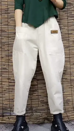 2023春季新款时尚百搭松紧腰大口袋休闲裤宽松韩版贴标九分哈伦裤商品大图