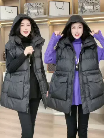 欧货马甲女2023秋冬新款韩版宽松外穿中长款坎肩连帽服外套马夹潮商品大图