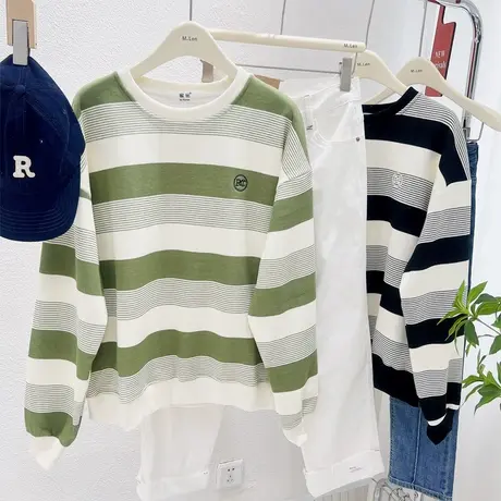 chic慵懒休闲韩系复古卫衣气质设计感条纹长袖上衣宽松22新款秋季商品大图