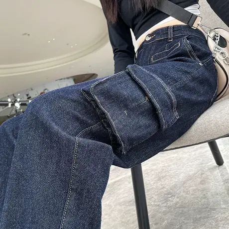 深蓝色牛仔裤女春秋2023新款高腰显瘦卷边哈伦大口袋工装老爹裤子商品大图