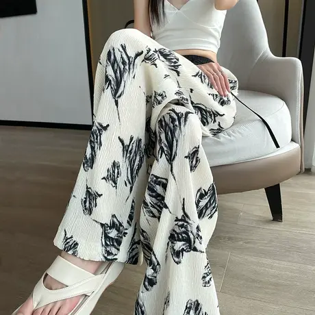 印花阔腿裤女春夏薄款高腰垂感窄版显瘦复古褶皱休闲慵懒拖地裤子图片