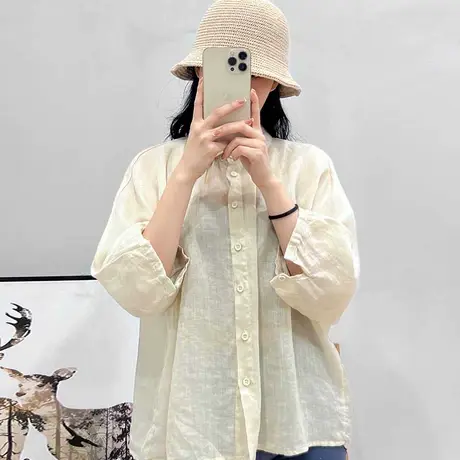 文艺复古120支细支100%纯苎麻上衣女士夏季薄款衬衫高端棉麻衬衣图片