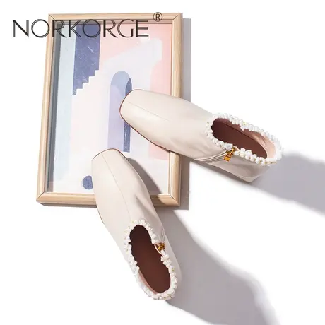 2023新款冬季复古温柔白色拉链短靴女靴真皮方头粗跟保暖高跟鞋女商品大图