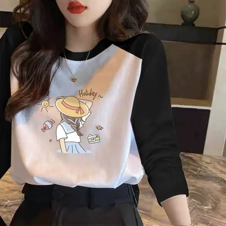 撞色插肩长袖t恤女秋衣2022春秋款拼接纯棉内搭打底衫秋装上衣女图片