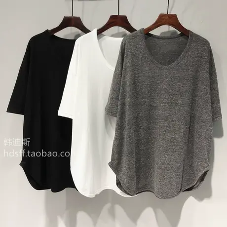 2023春夏新款弧形下摆韩版宽松慵懒中长款U领蝙蝠袖T恤短袖上衣女商品大图