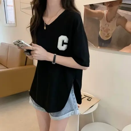 下摆开叉短袖T恤女早春夏装宽松韩版百搭超火cec潮牌半袖上衣服商品大图