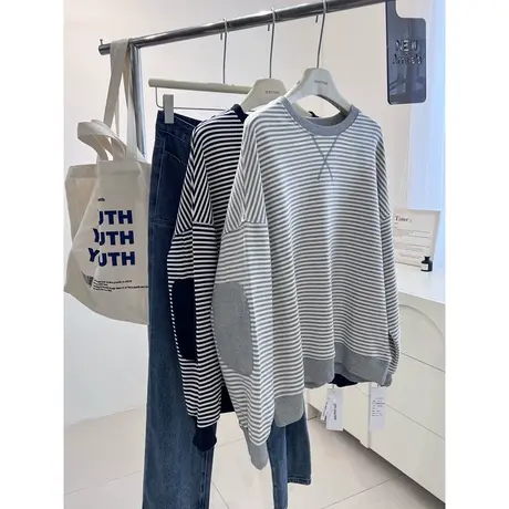 大码宽松条纹圆领卫衣女春秋季百搭韩版显瘦洋气减龄无帽上衣外套商品大图