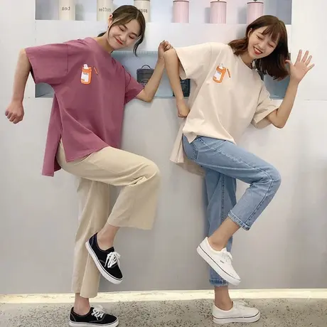 夏天新款港味短袖女宽松闺蜜装开叉时尚上衣洋气学生潮ins半袖t恤商品大图