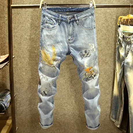 设计师高端印花牛仔裤男修身轻奢舒适裤子潮牌个性图案高街小脚裤商品大图