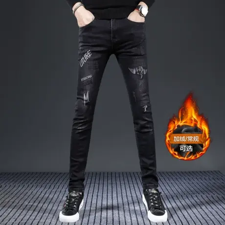 刺绣牛仔裤男款修身小脚裤2023新款黑色弹力男士裤子男春秋款百搭图片