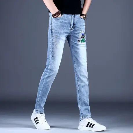 2023新款男士牛仔裤男款烫钻印花修身小脚裤子男秋冬男裤潮牌潮流图片