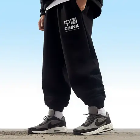 春秋加绒运动裤宽松加肥加大码裤子潮牌卫裤长裤胖人束脚裤薄款男商品大图