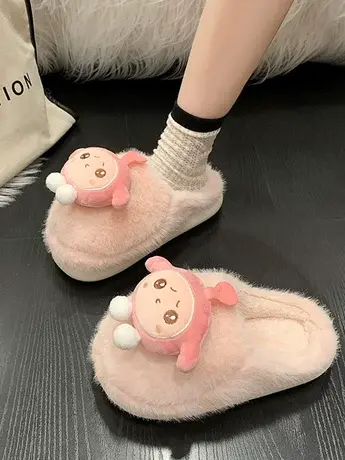 呆萌卡通蛋仔玩偶毛绒绒大头鞋女秋冬家用踩屎感防滑棉拖鞋可外穿商品大图