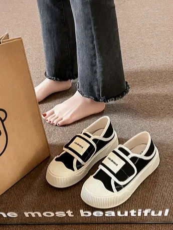 学院风魔术贴帆布鞋女鞋2023新款春秋夏款厚底两穿布鞋一脚蹬板鞋商品大图