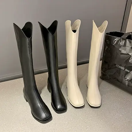 时尚不过膝长筒靴女骑士靴2023年新款春秋白色粗跟显瘦小个子长靴图片