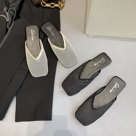 包头拖鞋女夏平底时尚外穿韩版简约防滑懒人凉拖镂空透气网纱女鞋图片