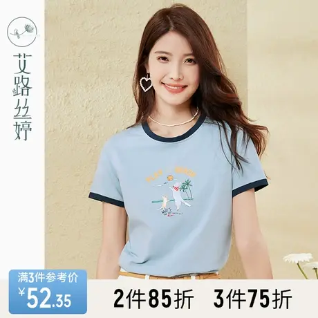 艾路丝婷趣味印花短袖T恤女2023夏季新款撞色拼接圆领休闲棉上衣商品大图