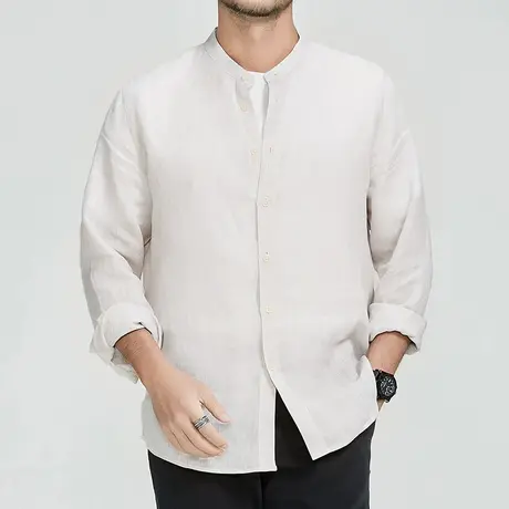 格慕施亚麻衬衫男装长袖衬衣大码宽松男装中国风夏季纯色简约上衣图片