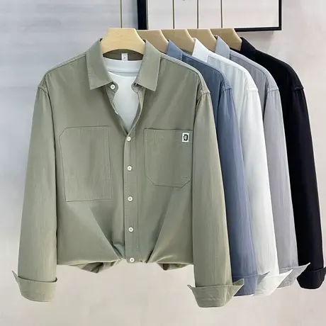 高级感衬衫男长袖休闲潮流工装男士日系春秋白色纯棉衬衣寸衫外套商品大图