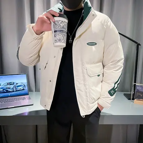 羽绒服男冬季时尚条纹休闲撞色轻熟高级感潮牌立领冬装白鸭绒外套图片