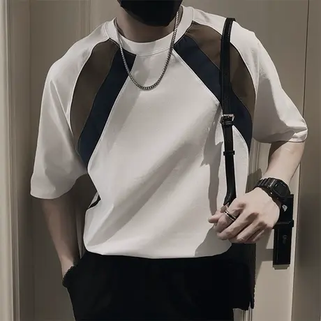 夏季潮牌拼接短袖T恤男2023新款圆领百搭体恤ins潮流痞帅修身半袖商品大图