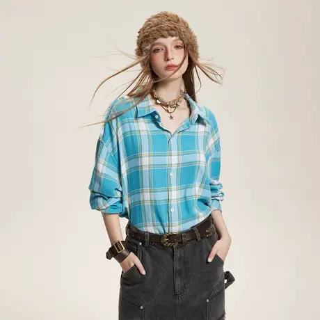 潮牌复古蓝色格子衬衫女2024新款春装毛边情侣衬衣宽松设计感上衣商品大图