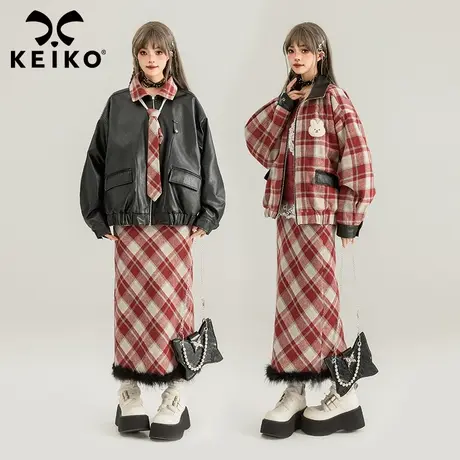 KEIKO [正反两穿] 甜酷黑色皮衣外套春季皮夹克+格纹半身裙两件套图片