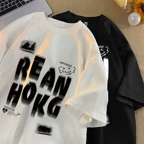 oversize华夫格短袖T恤男夏季2023新款潮牌体恤港风宽松情侣半袖商品大图